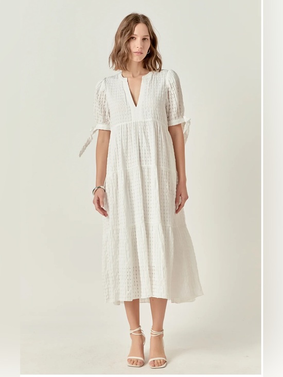 English Factory Dresses & Skirts - English Factory Gingham Tiered Midi Dress Puff Bow TieSleeves VNeckHN657D Medium
